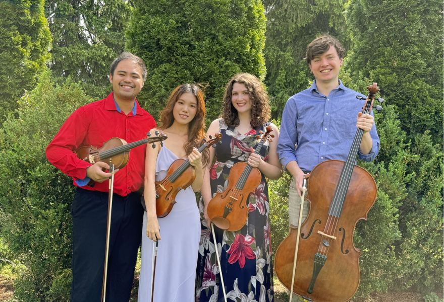 Photo of the Calamansi Quartet holding their string instruments.
